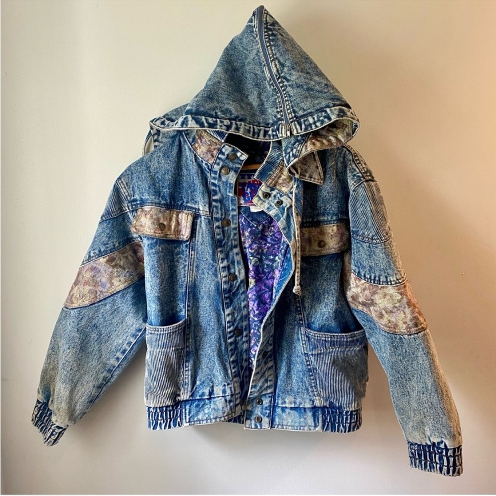 VTG Rare Faded Glory Floral Acid Wash Denim Bomber Jacket Hood Patchwork Y2K 90s